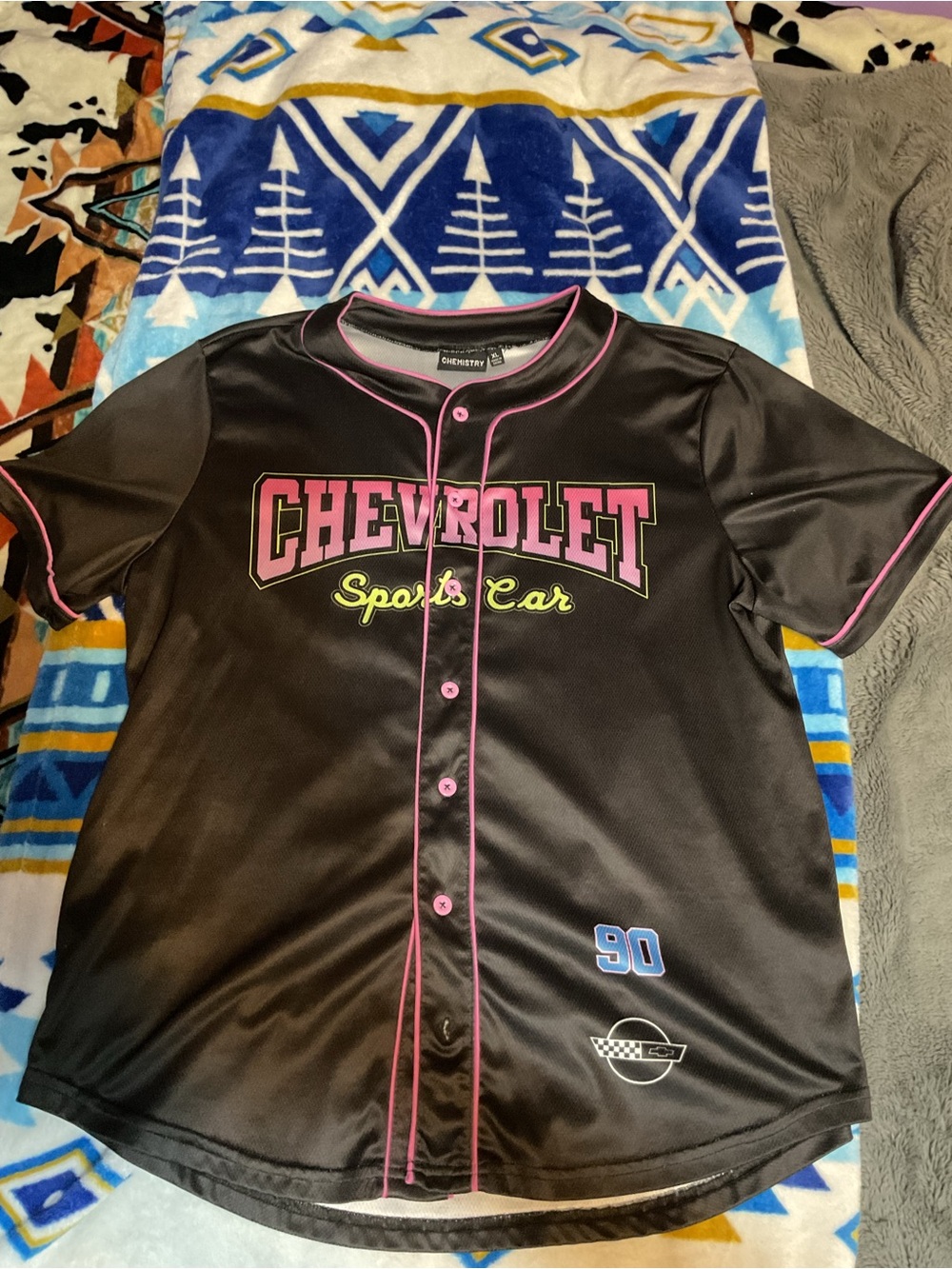 Chemistry Black Button-Down Jersey with Pink Piping & Neon Accents